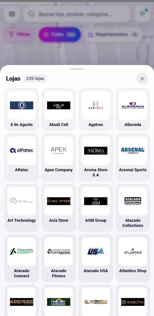 Lista de lojas do app em mini cards, cada um com o logo da loja