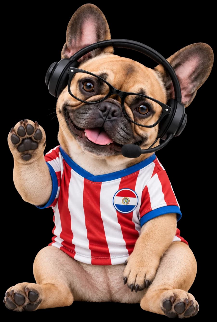 Mascote da Meu CDN, um bulldog de óculos escuros nas cores da marca